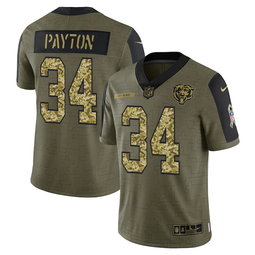 Chicago Bears #34 Walter Payton 2021 Olive Camo Salute To Service Limited Stitched Jersey