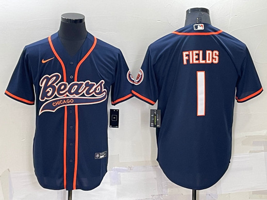 Chicago Bears #1 Justin Fields Navy Cool Base Stitched Baseball Jersey