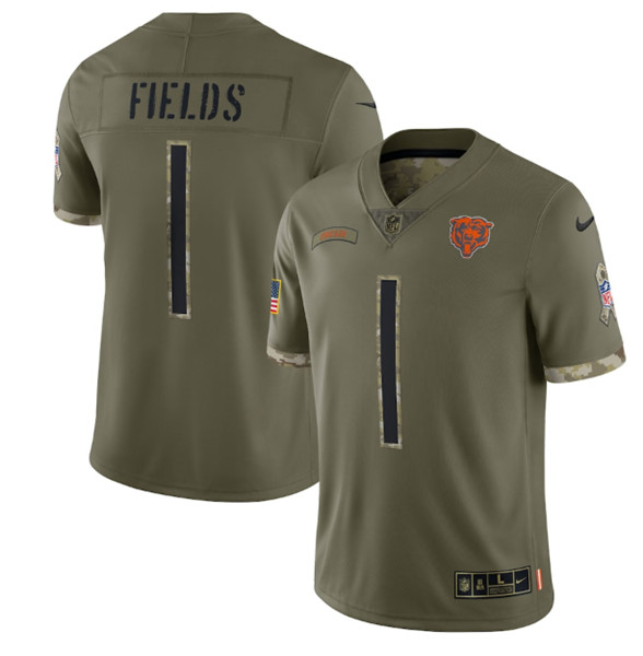 Chicago Bears #1 Justin Fields 2022 Olive Salute To Service Limited Stitched Jersey