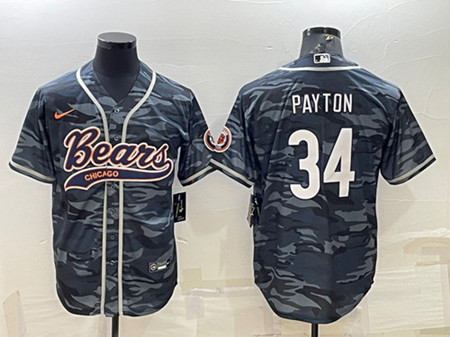 Chicago Bears Blank #34 Walter Payton Gray Camo With Patch Cool Base Stitched Baseball Jersey