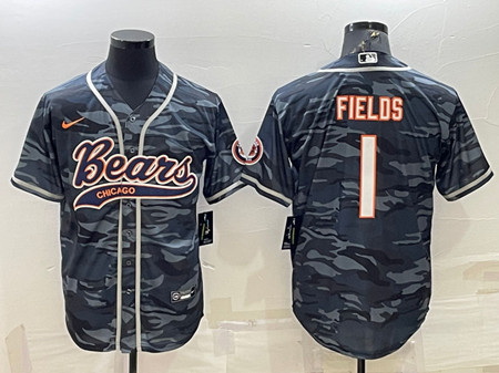 Chicago Bears Blank #1 Justin Fields Gray Camo With Patch Cool Base Stitched Baseball Jersey