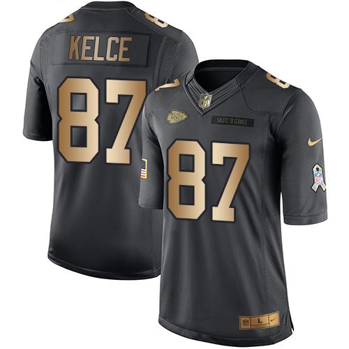 Chiefs #87 Travis Kelce Black Stitched Limited Gold Salute To Service Nike Jersey