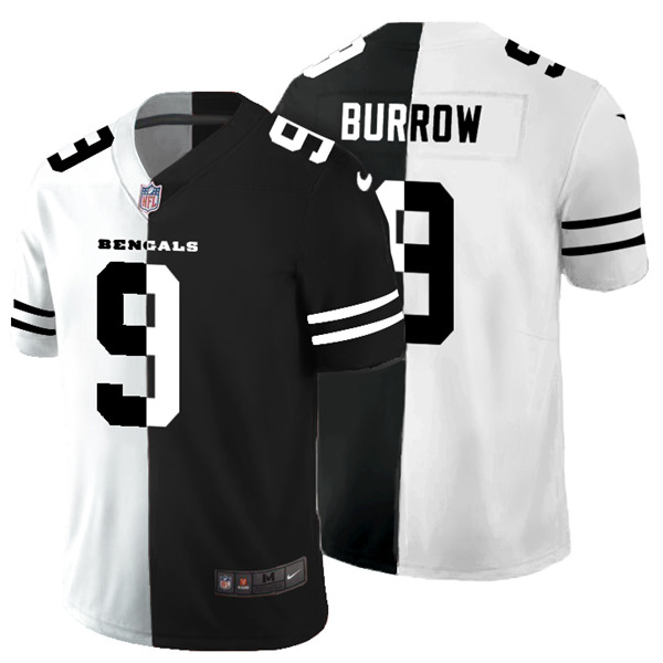 Cincinnati Bengals #9 Joe Burrow Black White Split 2020 Stitched Jersey