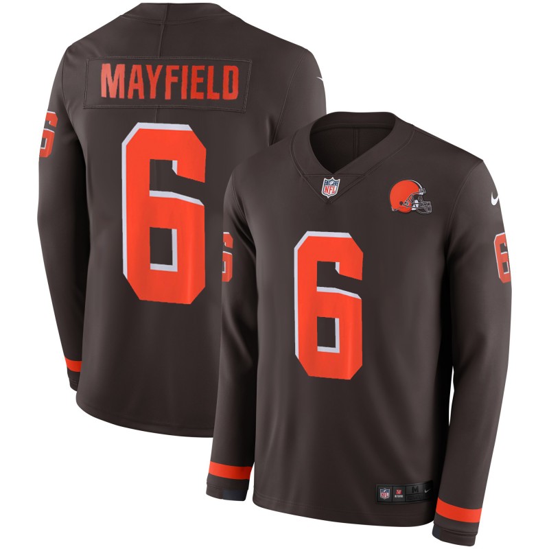 Cleveland Browns #6 Baker Mayfield Brown Therma Long Sleeve Stitched Jersey