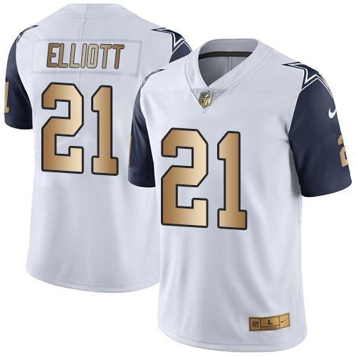 Cowboys #21 Ezekiel Elliott White With Gold Number Stitched Limited Nike Jersey