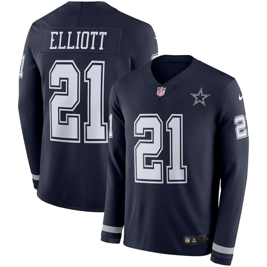 Cowboys #21 Ezekiel Elliott Navy Therma Long Sleeve Stitched Jersey