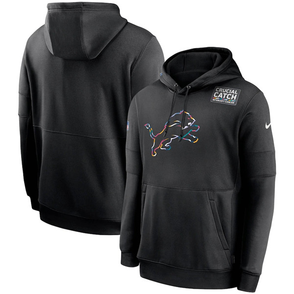 Detroit Lions Customized 2020 Black Crucial Catch Sideline Performance Pullover NFL Hoodie