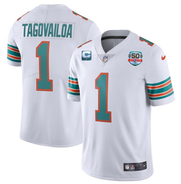 Miami Dolphins Customized White With 1-Star C Patch 50th Perfect Season Patch Stitched Jersey