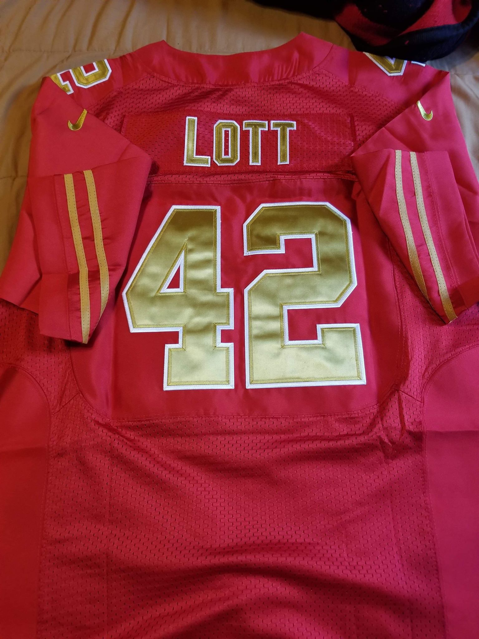 San Francisco 49ers #42 Ronnie Lott Custom Red Color With Gold Letters Rush Vapor Untouchable Limited Stitched NFL Jersey