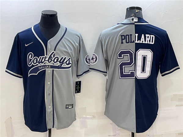 Dallas Cowboys #20 Tony Pollard Navy Grey Split With Patch Cool Base Stitched Baseball Jersey