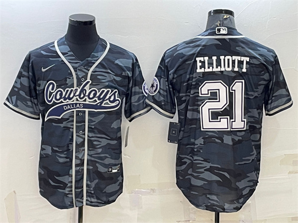 Dallas Cowboys #21 Ezekiel Elliott Gray Camo With Patch Cool Base Stitched Baseball Jersey