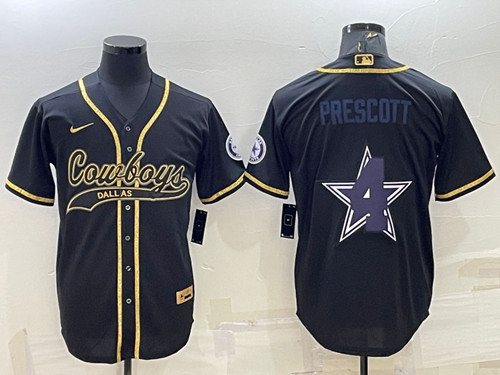 Dallas Cowboys #4 Dak Prescott Black Gold Team Big Logo With Patch Cool Base Stitched Baseball Jersey