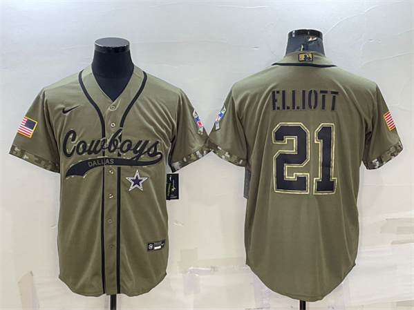 Dallas Cowboys #21 Ezekiel Elliott 2022 Olive Salute To Service Cool Base Stitched Baseball Jersey