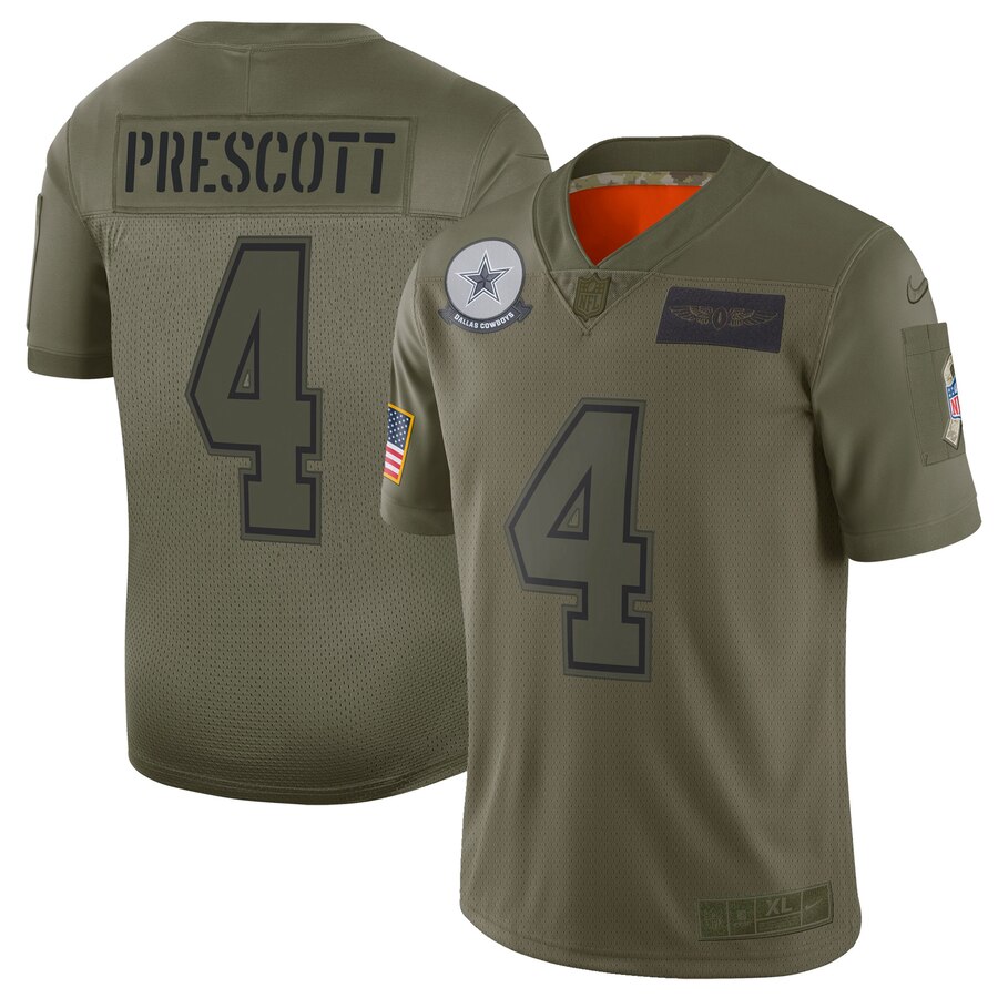 Dallas Cowboys #4 Dak Prescott 2019 Camo Salute To Service Limited Stitched Jersey.