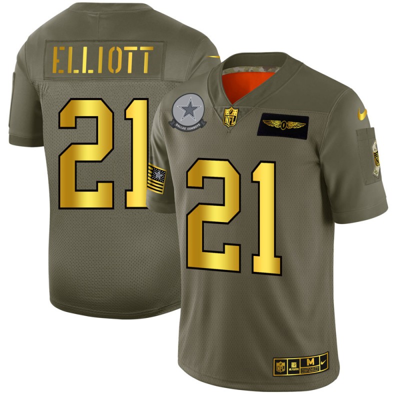 Dallas Cowboys #21 Ezekiel Elliott 2019 Olive Gold Salute To Service Limited Stitched Jersey