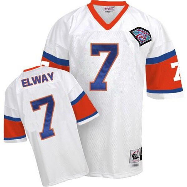 Denver Broncos #7 John Elway White Mitchell And Ness Throwback 75th Patch Stitched Jersey