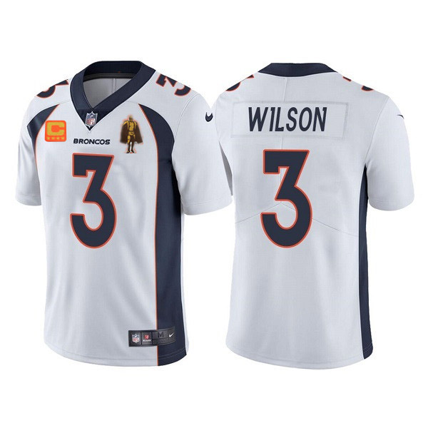 Denver Broncos #3 Russell Wilson White With C Patch Walter Payton Patch Limited Stitched Jersey