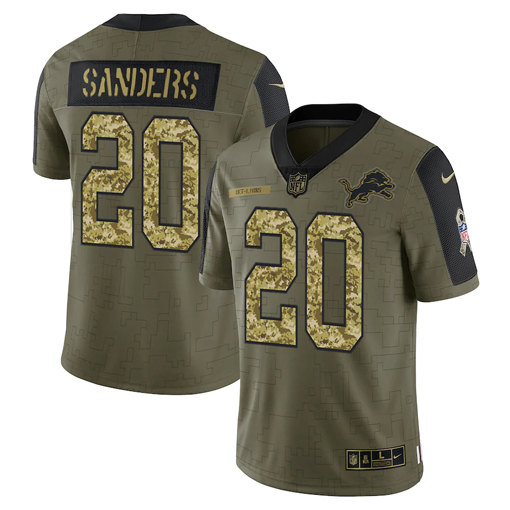 Detroit Lions #20 Barry Sanders 2021 Olive Camo Salute To Service Limited Stitched Jersey
