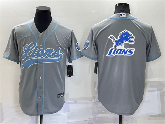 Detroit Lions Gray Team Big Logo With Patch Cool Base Stitched Baseball Jersey
