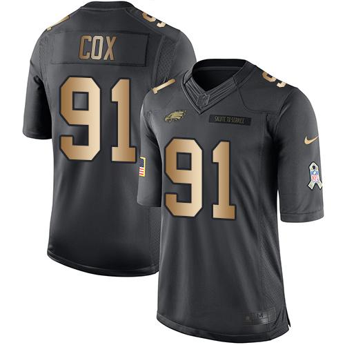Eagles #91 Fletcher Cox Black Stitched Limited Gold Salute To Service Nike Jersey