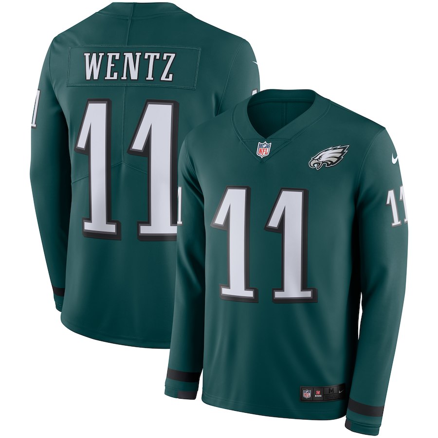 Eagles #11 Carson Wentz Green Therma Long Sleeve Stitched Jersey