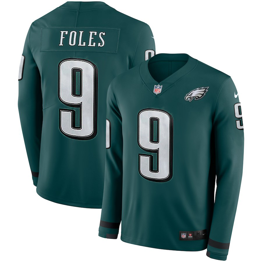 Eagles #9 Nick Foles Green Therma Long Sleeve Stitched Jersey