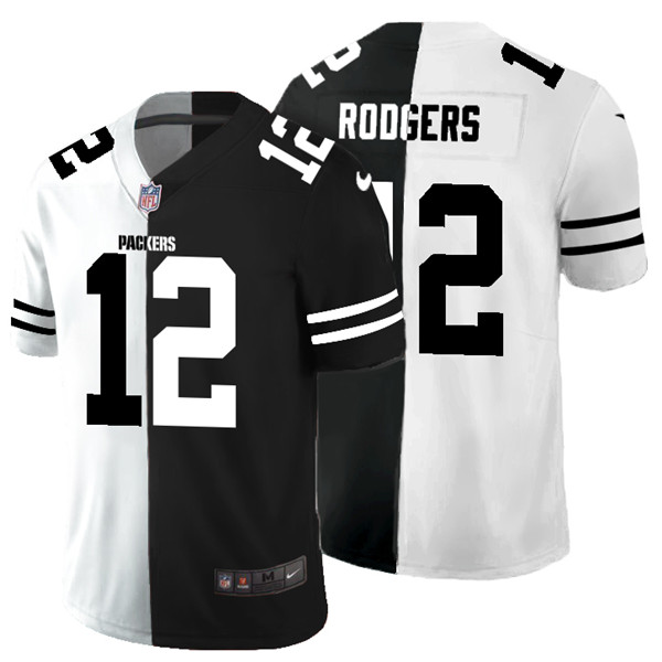 Green Bay Packers #12 Aaron Rodgers Black White Split 2020 Stitched Jersey