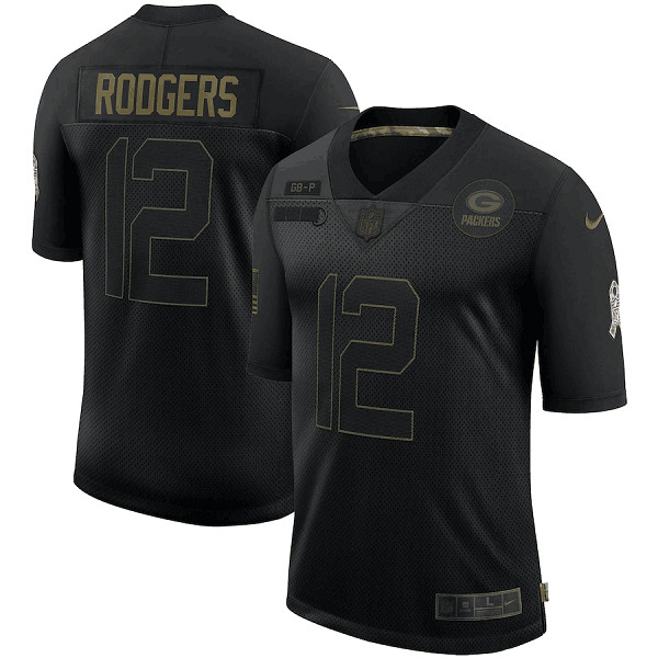 Green Bay Packers #12 Aaron Rodgers 2020 Black Salute To Service Limited Stitched Jersey