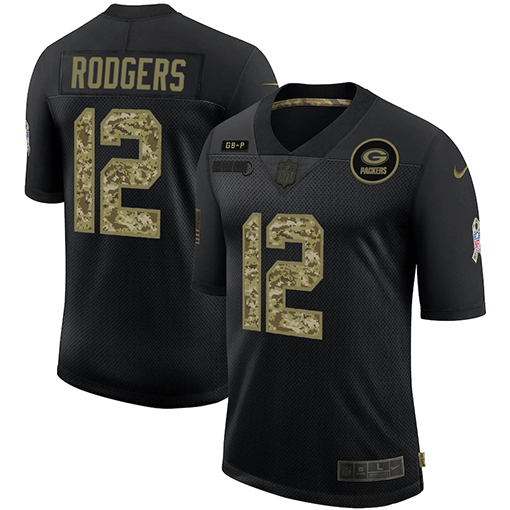 Green Bay Packers #12 Aaron Rodgers 2020 Black Camo Salute To Service Limited Stitched Jersey