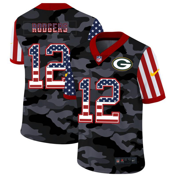 Green Bay Packers #12 Aaron Rodgers 2020 Camo USA Flag Limited Stitched Jersey