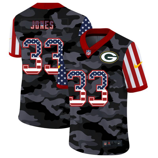 Green Bay Packers #33 Aaron Jones 2020 Camo USA Flag Limited Stitched Jersey
