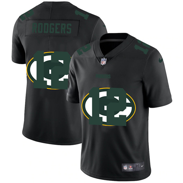 Green Bay Packers #12 Aaron Rodgers Black Shadow Logo Limited Stitched Jersey