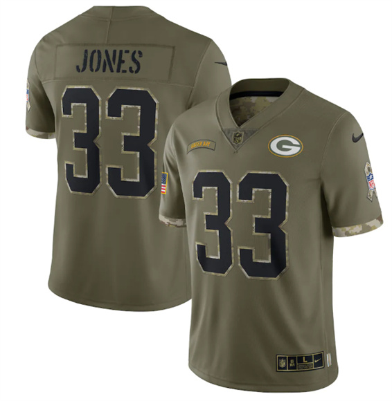 Green Bay Packers #33 Aaron Jones 2022 Olive Salute To Service Limited Stitched Jersey