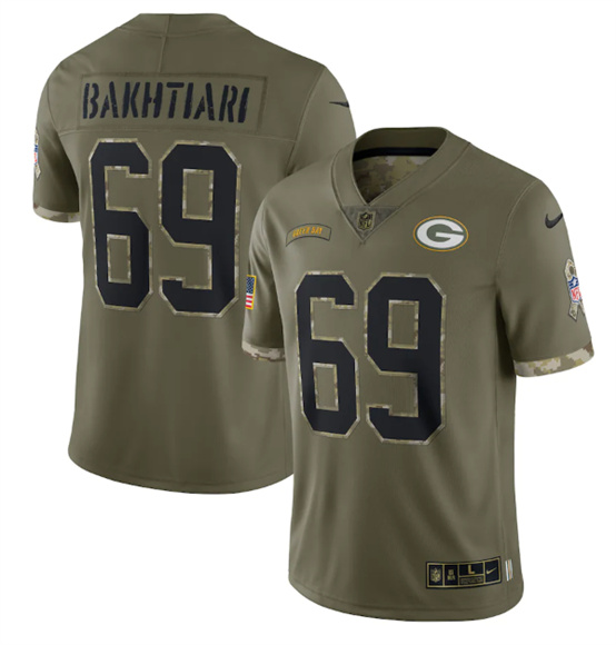 Green Bay Packers #69 David Bakhtiari 2022 Olive Salute To Service Limited Stitched Jersey