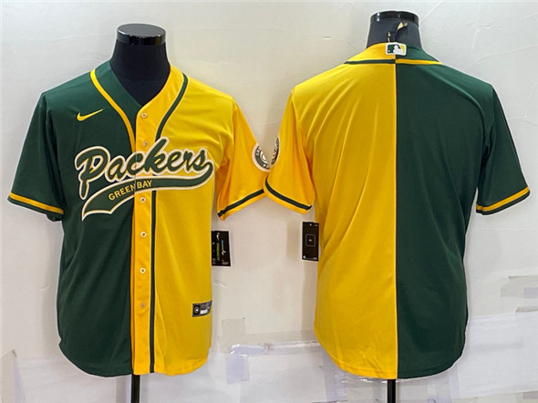 Green Bay Packers Blank Green Yellow Split With Patch Cool Base Stitched Baseball Jersey