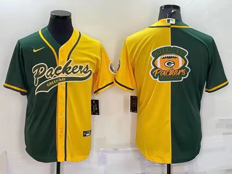 Green Bay Packers Blank Green Yellow Split Team Big Logo With Patch Cool Base Stitched Baseball Jersey