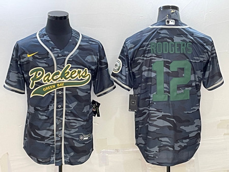 Green Bay Packers #12 Aaron Rodgers Gray Green Camo With Patch Cool Base Stitched Baseball Jersey