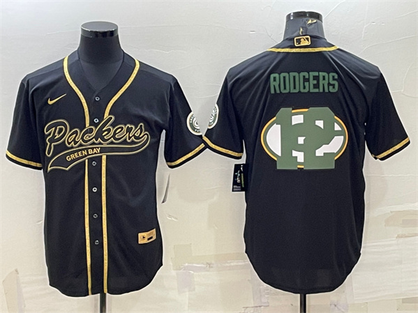 Green Bay Packers #12 Aaron Rodgers Black Team Big Logo With Patch Cool Base Stitched Baseball Jersey