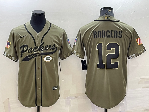 Green Bay Packers #12 Aaron Rodgers Olive 2022 Salute To Service Cool Base Stitched Baseball Jersey