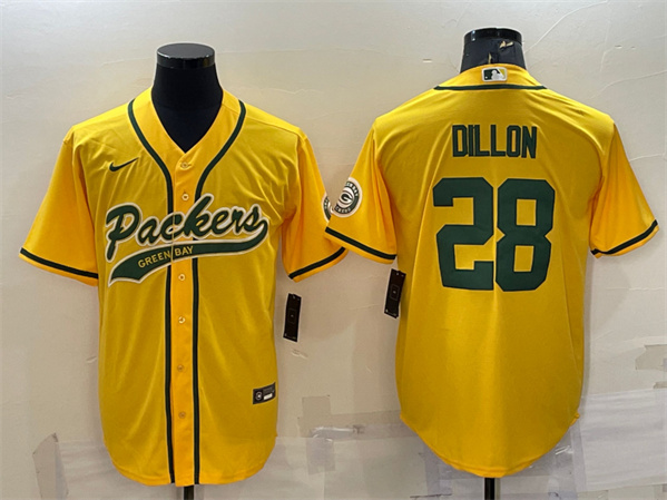 Green Bay Packers #28 A.J. Dillon Gold With Patch Cool Base Stitched Baseball Jersey