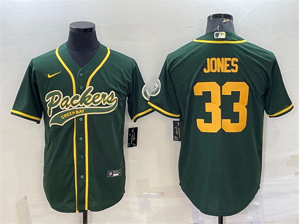 Green Bay Packers #33 Aaron Jones Green Gold With Patch Cool Base Stitched Football Jersey
