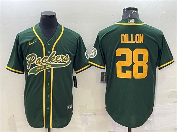 Green Bay Packers #28 A.J. Dillon Green Gold With Patch Cool Base Stitched Baseball Jersey
