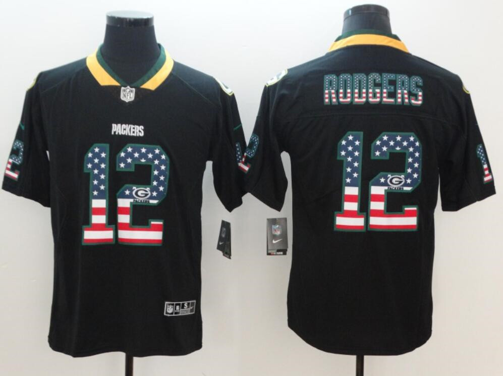 Green Bay Packers #12 Aaron Rodgers Black 2018 USA Flag Color Rush Limited Fashion Stitched Jersey