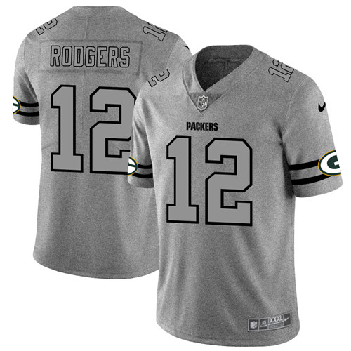 Green Bay Packers #12 Aaron Rodgers 2019 Gray Gridiron Team Logo Limited Stitched Jersey