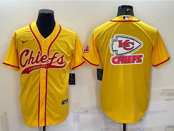 Kansas City Chiefs Gold Team Big Logo With Patch Cool Base Stitched Baseball Jersey