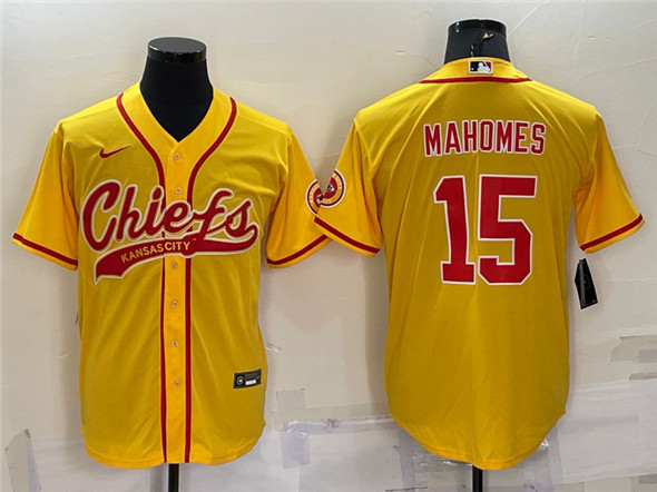Kansas City Chiefs #15 Patrick Mahomes Gold With Patch Cool Base Stitched Baseball Baseball Jersey