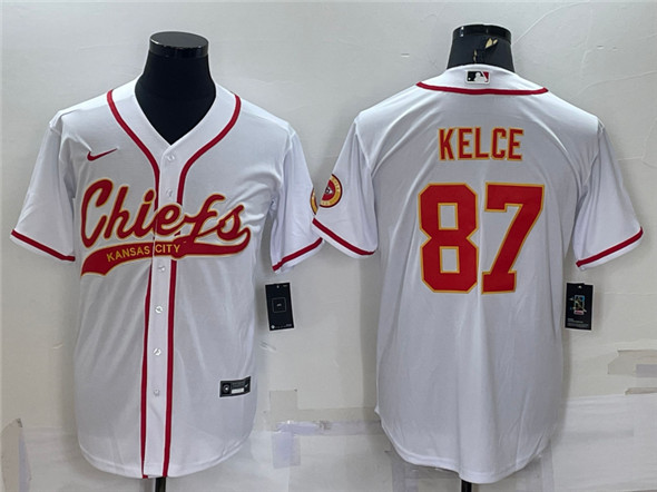 Kansas City Chiefs ##87 Travis Kelce White With Patch Cool Base Stitched Baseball Jersey
