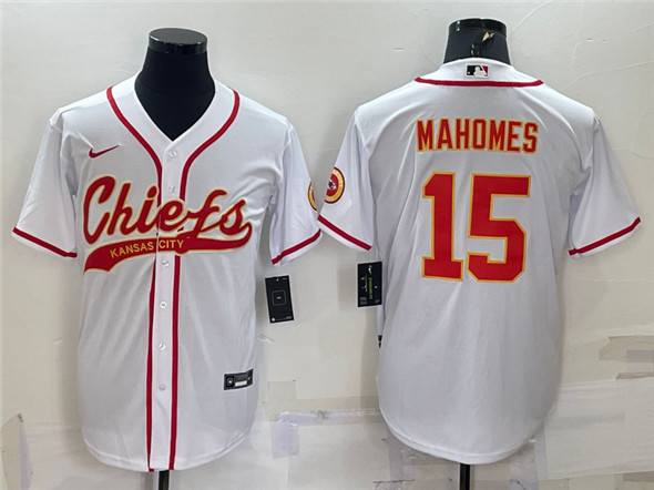 Kansas City Chiefs #15 Patrick Mahomes White With Patch Cool Base Stitched Baseball Jersey