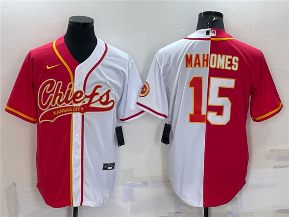 Kansas City Chiefs #15 Patrick Mahomes Red White Split With Patch Cool Base Stitched Baseball Jersey