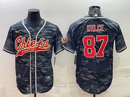 Kansas City Chiefs Blank #87 Travis Kelce Gray Navy Camo With Patch Cool Base Stitched Baseball Jersey